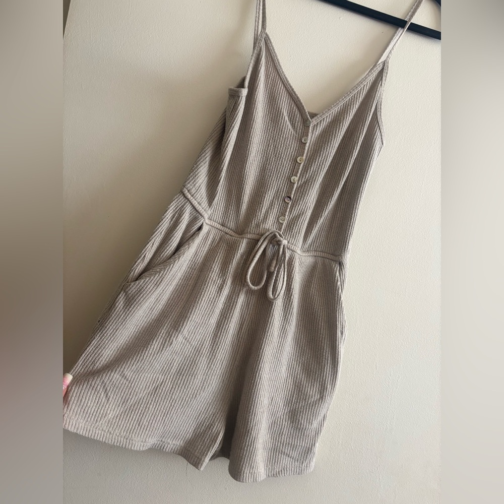Beige Ribbed Button-Front Romper - image 1